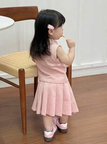 Dazy Kids Toddler Girls' Polo Collar Solid Color Sleeveless Top And Pleated Solid Color Skirt Set - Pink - View 2