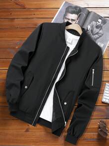 Manfinity Homme Áo khoác gió ngoài trời màu trơn đa năng cho nam Áo khoác đen có khóa kéo cho nam Áo khoác thường ngày cho nam, Mùa thu - màu đen - Xem 1