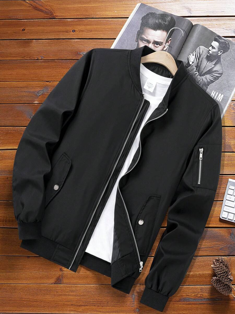 Manfinity Homme Áo khoác gió ngoài trời màu trơn đa năng cho nam Áo khoác đen có khóa kéo cho nam Áo khoác thường ngày cho nam, Mùa thu - màu đen - Xem 1