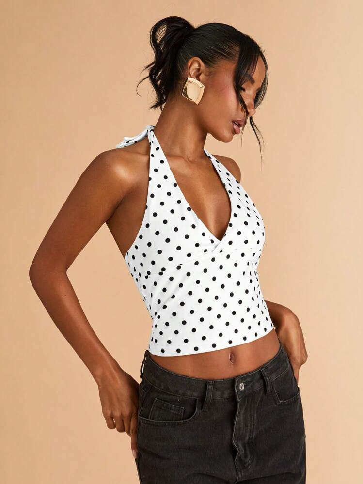 SHEIN BAE Black Polka Dot Print Casual Halter Neck Top, Suitable For Brunch, Street Wear, Date, Commute, Cruise, Ibiza - White - View 5