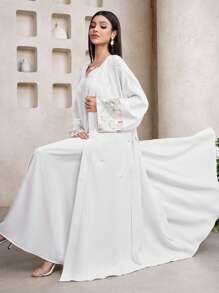Al Najma Women's Sequin Embroidery Flare Sleeve Belted Abaya - White - View 1