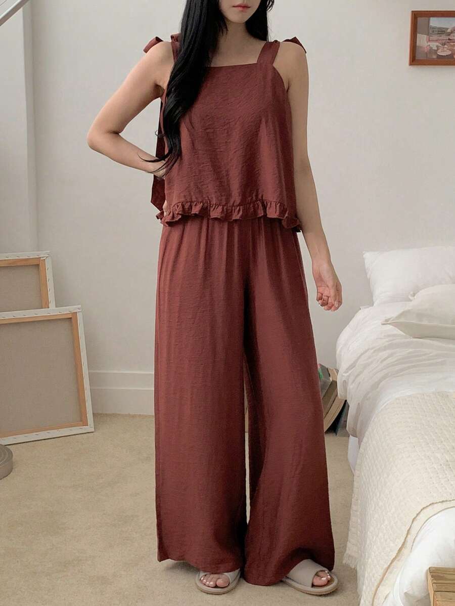 DAZY 女士简约纯色荷叶边下摆吊带背心和裤子睡衣套装，家居服 - 棕色 - 查看 1
