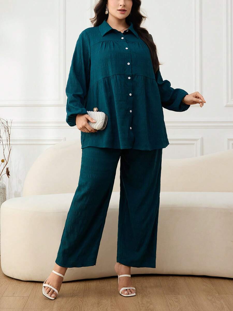 Al Najma 大码女式纯色长袖单排扣衬衫和裤子阿拉伯套装