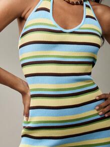 MISSGUIDED 罗纹针织挂脖迷你连衣裙夏季 Y2K 复古条纹紧身无袖度假太阳裙 - 彩色 - 查看 3