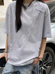 DAZY Kaos Wanita Polos Minimalis Kasual Kerah Bulat Longgar, Kaos Bergambar - Grey - View 2