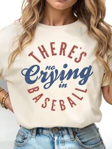 SHEIN LUNE Plus Size Casual Minimalist Letter Print Short Sleeve T-Shirt - Apricot - View 1