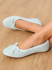 CUCCOO HITCHD Cute White Bow Pearls Round Toe Flats, Comfortable Casual Slip-On Shoes For Women, Suitable For Commute, Dates And Shopping - Baby Blue - View 2