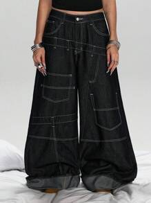 ROMWE Street Life Women's Vintage Street Style Ultra Low Waist Loose Wide-Leg Flared Jeans - Blue - View 1