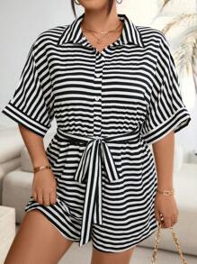 Flirla Plus Size Boho Casual Black And White Stripe Romper, For Summer Travel - Black and White - View 3