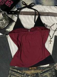 Top de cuello de halter con bloqueo de color y estampado de eslogan de moda de verano - Burdeos - Ver 2
