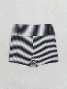 Swim Basics 女士夏季海滩度假抽绳条纹面料短裤泳裤 - 黑與白 - 查看 4