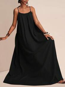 Slaydiva 大码女式夏季纯色褶皱休闲无袖连衣裙