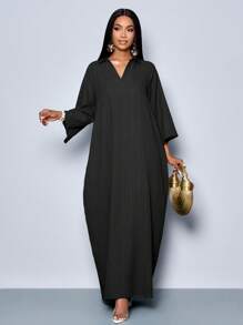 SOLERSUN Women's Fashionable V Neck Loose Batwing Sleeve Without Belt Dress For Holiday Maxi Women Outfit - Black - View 8