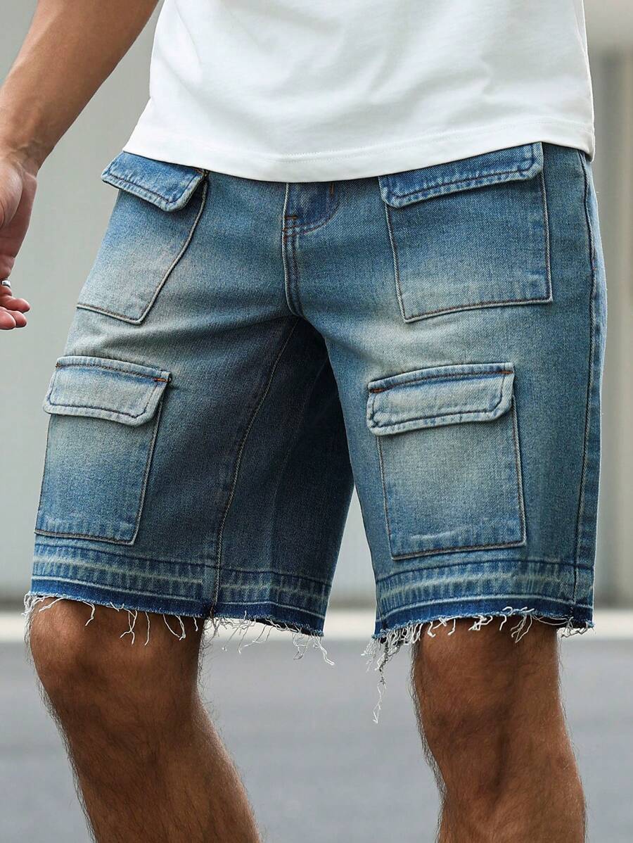 Manfinity Homme 男士休闲水洗牛仔工装短裤 - 藍色 - 查看 1