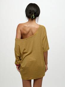 SUMWON WOMEN Áo thun kẻ sọc dáng rộng trễ vai, gấu cao thấp, đồ mặc ở nhà, áo thun cuối tuần thoải mái, thiết kế thả vai - Nhiều màu - Xem 2