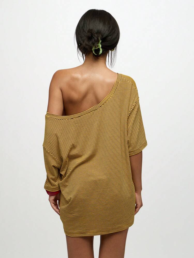 SUMWON WOMEN Off Shoulder Loose Fit Striped High Low Hem T-Shirt