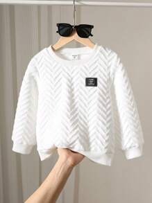 男童休闲舒适多功能波浪纹理面料圆领保暖加厚卫衣，校服 - 白色 - 查看 4