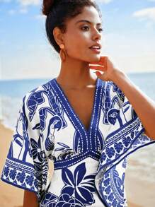 Travachic 复古热带印花V领休闲连衣裙，夏季 - 藍色 - 查看 5