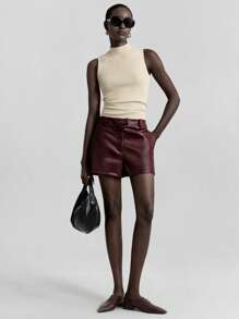 Ontre 2025 Automne/Hiver Tenue de bureau pour femmes, Tenue d'invitée de mariage, Anniversaire, Uniforme d'enseignante, Tenue de club, Automne/Hiver, Short  vintage style décontracté chic pour femmes, Taille haute, Couleur unie - Taupe - Voir 2