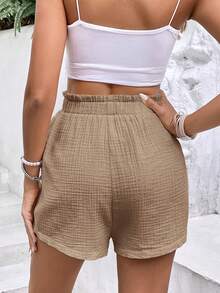 SHEIN Frenchy Women's Minimalist Solid Color Textured Tie-Waist Shorts, Summer Chic - Camel - View 2