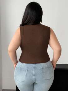 Vibekara Plus Size Mesh Sheer Sexy Net Patchwork Black Top T-Shirt - Brown - View 2