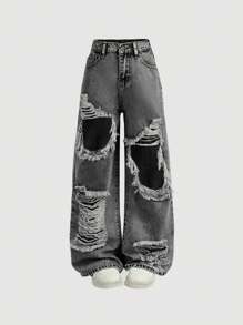 SHEIN Girlism Tween Girl Y2K 夏季浅色水洗镂空破洞宽松直筒牛仔裤，夏季海滩波西米亚风度假休闲狂欢音乐会，破洞宽松牛仔裤，灰色宽松牛仔裤，宽松牛仔裤，Y2k 牛仔裤，水洗宽松牛仔裤，街头风格