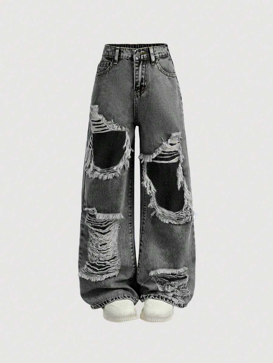 SHEIN Girlism Tween Girl Y2K 夏季浅色水洗镂空破洞宽松直筒牛仔裤，夏季海滩波西米亚风度假休闲狂欢音乐会，破洞宽松牛仔裤，灰色宽松牛仔裤，宽松牛仔裤，Y2k 牛仔裤，水洗宽松牛仔裤，街头风格