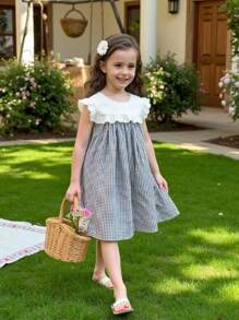 SHEIN Vintaside Kids 少女甜美格纹荷叶边领无袖公主裙，夏季 - 黑與白 - 查看 9