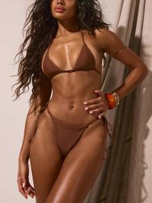 Musera Resort Crystal Hotfix Detail Triangle Bikini Set Spring Summer Vacation Sexy Boho Ibiza Festival Beach Swim Elegant Holiday - Coffee Brown - View 6