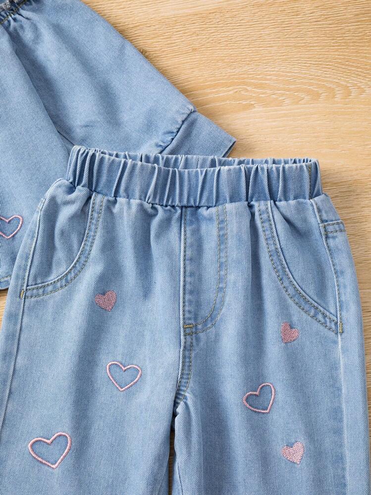Denimly Baby GirlFashion Comfortable Cute Casual Versatile Outdoor Heart Embroidery Denim Washed Denim Shirt With Elastic Waist Pants Set - Medium Wash - View 6