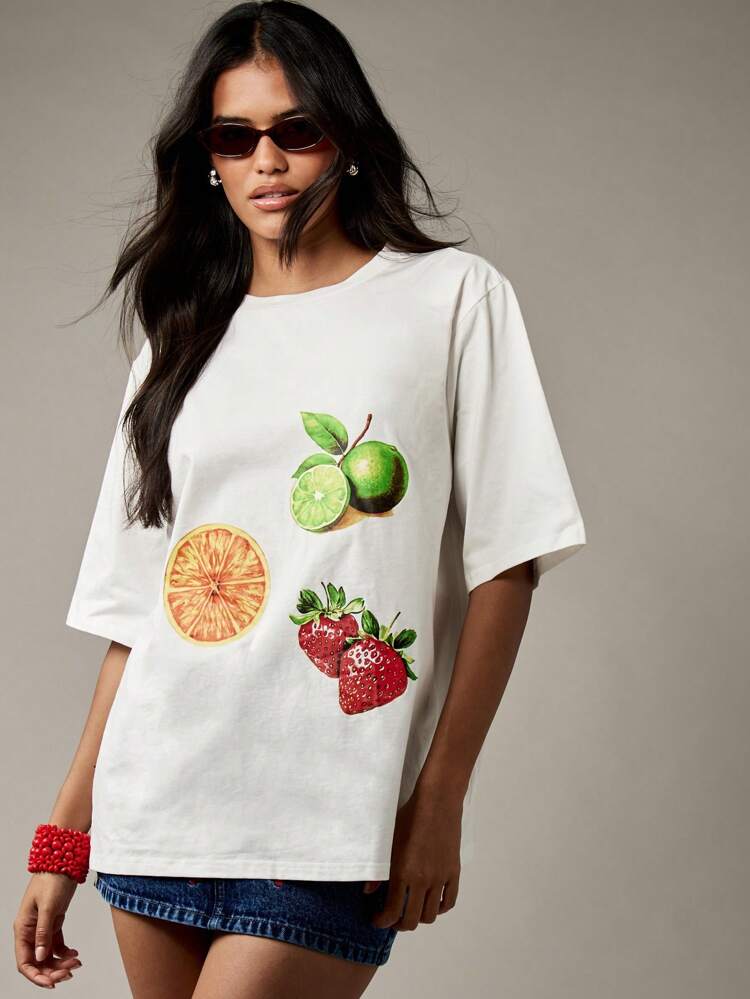 MISSGUIDED Summer Fruit Print Oversized Cotton T-Shirt Relaxed Casual Graphic Tee Fresh Food Design Ultra Comfortable Streetwear Beach Everyday