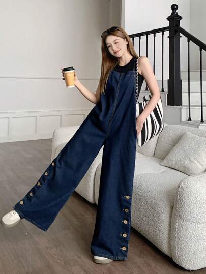 SHEIN Bộ đồ liền thân đa năng màu trơn vải lanh giản dị mùa hè 2025 mới về cho bé gái tuổi teen, mùa xuân/hè, thon gọn và trẻ trung, dáng rộng, túi bên hông, hở lưng, quần ống rộng cạp cao, phù hợp cho các chuyến đi chơi gia đình mùa hè, trang phục công sở cho phụ nữ