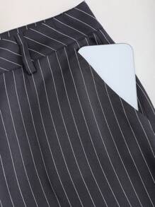 Sweetra 女士优雅条纹下摆卷边通勤裤 - 深灰色 - 查看 4