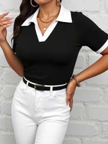 Polo Collar Black & White Colorblock T-Shirt, Plus Size Graphic Tees Women Tops - Black and White - View 1