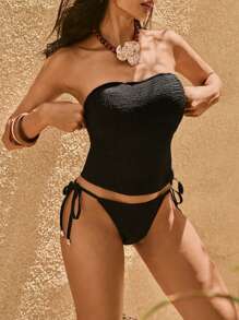 Swim Chiccia Women's Solid Color Bandeau Crop Top And Tie-Front Tankini Bottoms Tankini Set For Summer Beach Vacation - Black - View 4