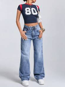 EURMUSE Pantalones vaqueros rectos de ajuste relajado y lavados, para uso casual de todos los días - Azul lavado medio - Ver 4