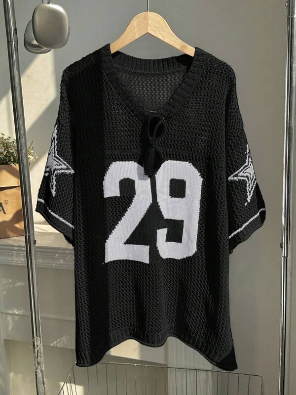 Comfortcana Plus Size Women V-Neck Sheer Fishnet Hollow Numeric Pullover Sweater