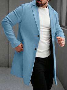 Manfinity Homme Men's Solid Color Lapel Neck Long Sleeve Casual Long Woolen Blue Overcoat , Fall - Teal Blue - View 3