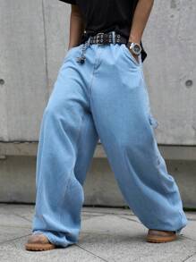 Manfinity EMRG 大码男士口袋宽松阔腿休闲牛仔背带裤 - 中等水洗藍 - 查看 1