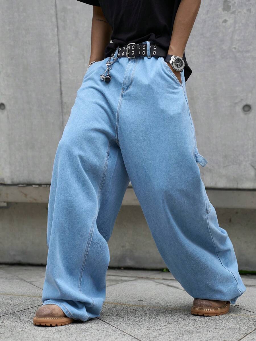 Manfinity EMRG 大码男士口袋宽松阔腿休闲牛仔背带裤 - 中等水洗藍 - 查看 1