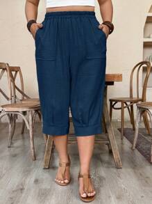 Weeklong Plus SizeCasual Imitation Linen Cropped Pants - Navy Blue - View 6