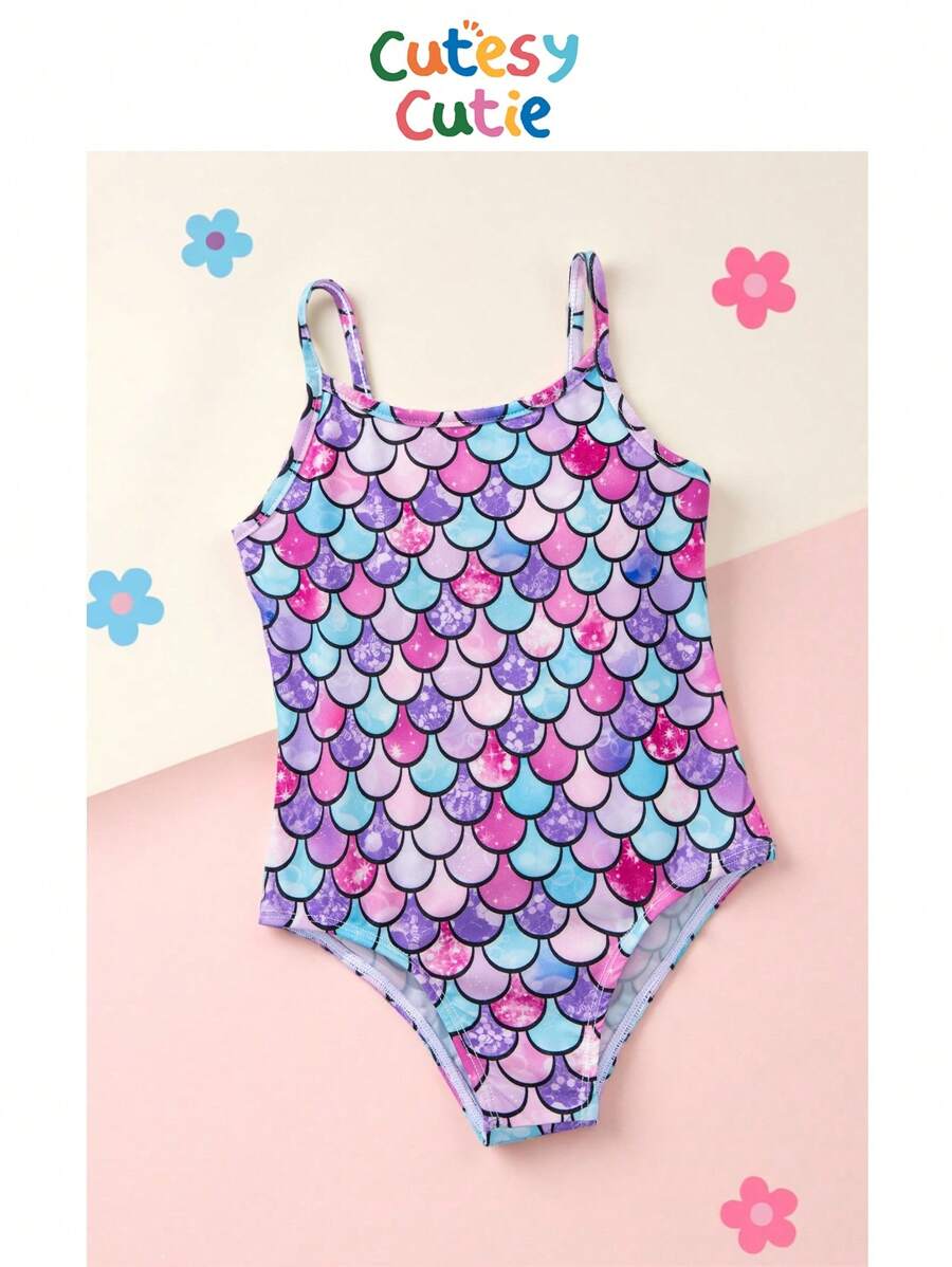 SHEIN Young Girl's One Piece Swimsuit With Knitted Scale Pattern, Spaghetti Strap, Casual Style For Vacation - Multicolor - View 1