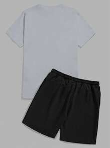 RueChic Set van 2 casual T-shirts met korte mouwen en korte broeken voor heren met letterprint, zomer