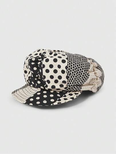 Kawaii (Random Polka Dot Pattern) 1pc Black & White Polka Dot Octagonal Hat, Vintage Style Small Face Beret Cap, Painter Hat For Women, Spring/Summer