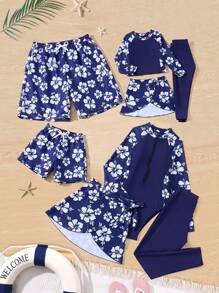 小男孩优雅芙蓉印花抽绳腰沙滩短裤，家庭装妈妈和我（单独出售）