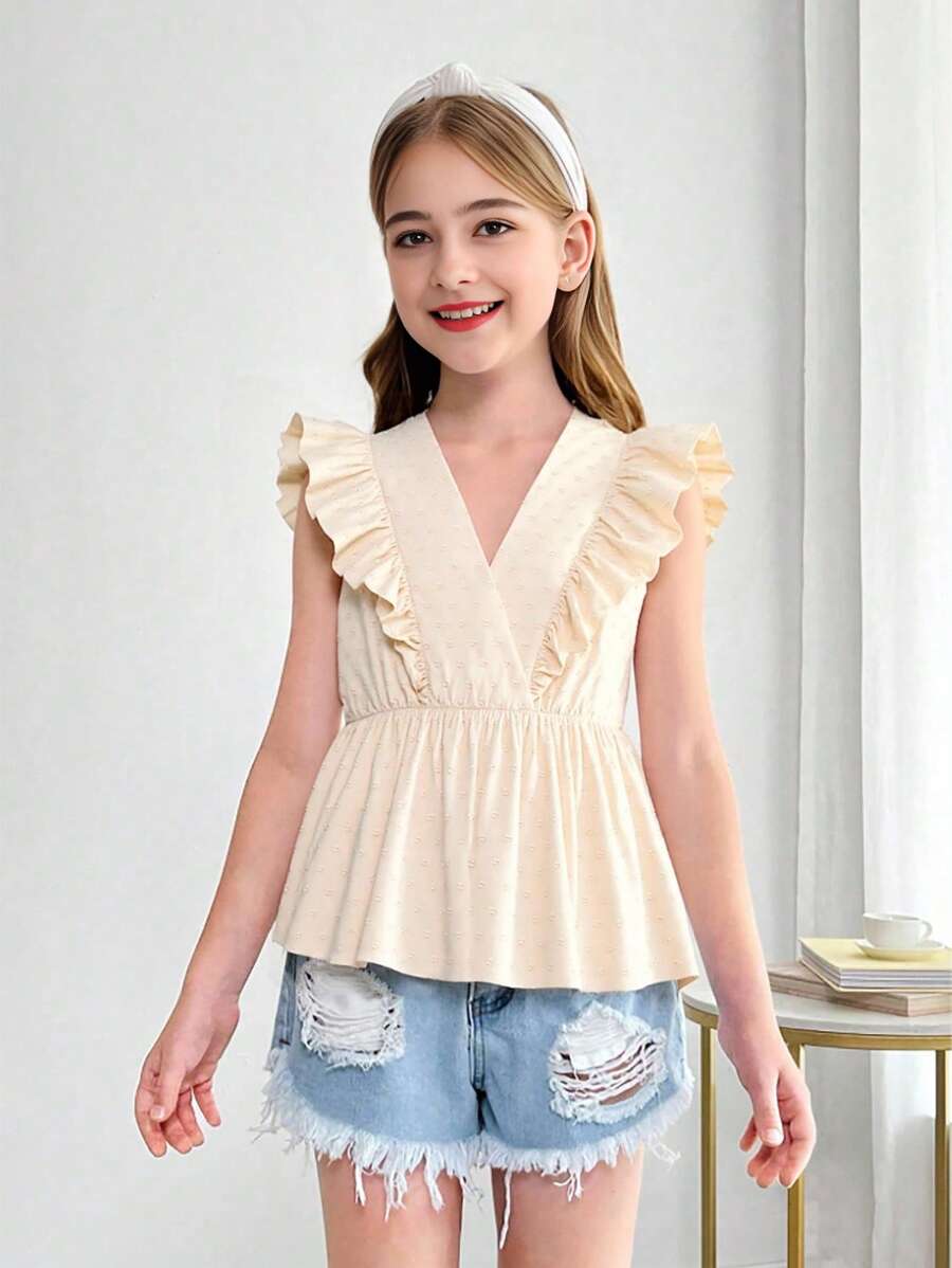 女童甜美可爱杏色纯色荷叶边下摆衬衫 - 杏色 - 查看 1