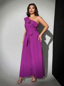 Viva Relle Plus Size Solid Color Asymmetrical Shoulder Backless Double Ruffle Asymmetrical Neck Sleeveless Pleated Elegant Jumpsuit - Purple - View 6