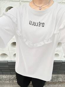 FRIFUL Petite Frauen Kurzarm Buchstaben Grafik Rüschen Splice Loose T-Shirt, Lässig Sommer Rüschen Shirt Süßes T-Shirt T-Shirts Frauen Oversized Weißes Rüschen Shirt Frauen T-Shirt - Weiss - Übersicht 4