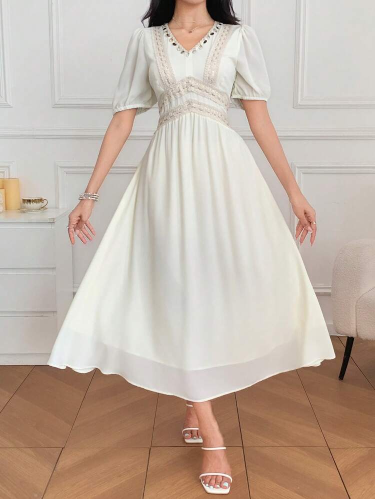 Women's Elegant Long Dress With Ruffle Trim & Puff Sleeves, Spring/Summer Wedding Women Dresses Maxi Dress