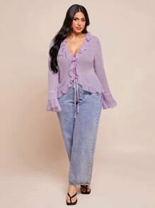 SHEIN BAE Áo cánh tay loe bèo nhún chiffon thanh lịch cỡ lớn cho nữ mùa xuân, thích hợp cho những buổi hẹn hò lãng mạn, tụ tập cùng bạn bè, hoạt động nghỉ dưỡng và trang phục thường ngày sành điệu - Màu tím hoa cà - Xem 3